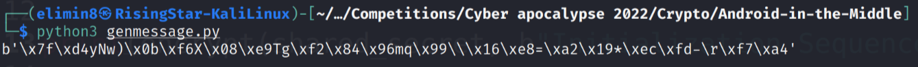 The output of the genmessage.py script with the encrypted message in the wrong format