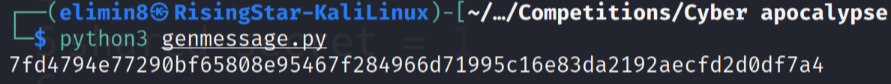 The output of the genmessage.py script with the encrypted message in hex format