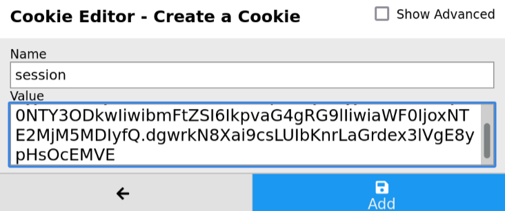 A reconstruction of me adding the cookie to my browser