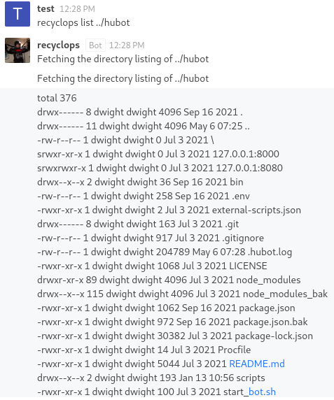 Listing the ‘hubot’ directory using the bot