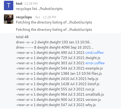 Listing the ‘scripts’ directory using the bot