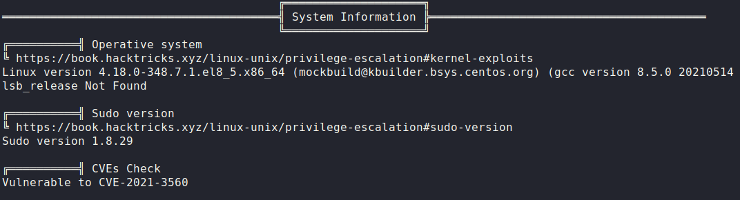 The output from linpeas, showing a CVE vulnerability